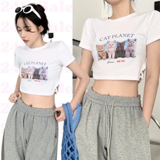 shop24📱สต็อกไทย เสื้อยืดทรงครอปคอกลมแขนสั้น สกรีนลายน้องแมว CAT PLANET ด้านข้างเว้าแต่งสาย