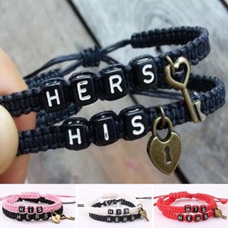 Ygt HIS HERS สร้อยข้อมือถัก จี้กุญแจ ทรงกระบอก สามารถปรับได้ ของขวัญวันวาเลนไทน์ สีชมพู สีดํา สีขาว สีแดง