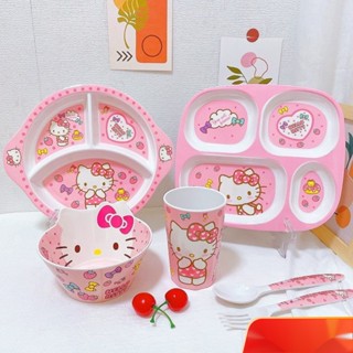 ชุดจานชาม ช้อนส้อม ลายการ์ตูนแมว Hello Kitty กันกระแทก ของใช้บนโต๊ะอาหาร สําหรับเด็ก