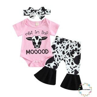 Babyclothes- ชุดรอมเปอร์ แขนสั้น คอกลม ลายวัว พร้อมกระดิ่ง และกางเกงขายาว สําหรับเด็กทารกผู้หญิง