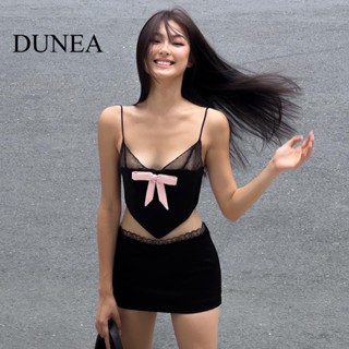 Dunea ชุดเสื้อสายเดี่ยว และกระโปรง ผ้าลูกไม้ ประดับโบว์ สีชมพู เซ็กซี่ สําหรับผู้หญิง