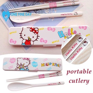 ชุดช้อนส้อมตะเกียบเรซิ่น ลาย Hello Kitty สามชิ้น แบบพกพา พร้อม A9Y0