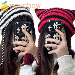 Mayshow หมวกบีนนี่ญี่ปุ่น Skullies หมวกหูแมวน่ารักชี้สวมหัวฤดูใบไม้ร่วงฤดูหนาวลาย