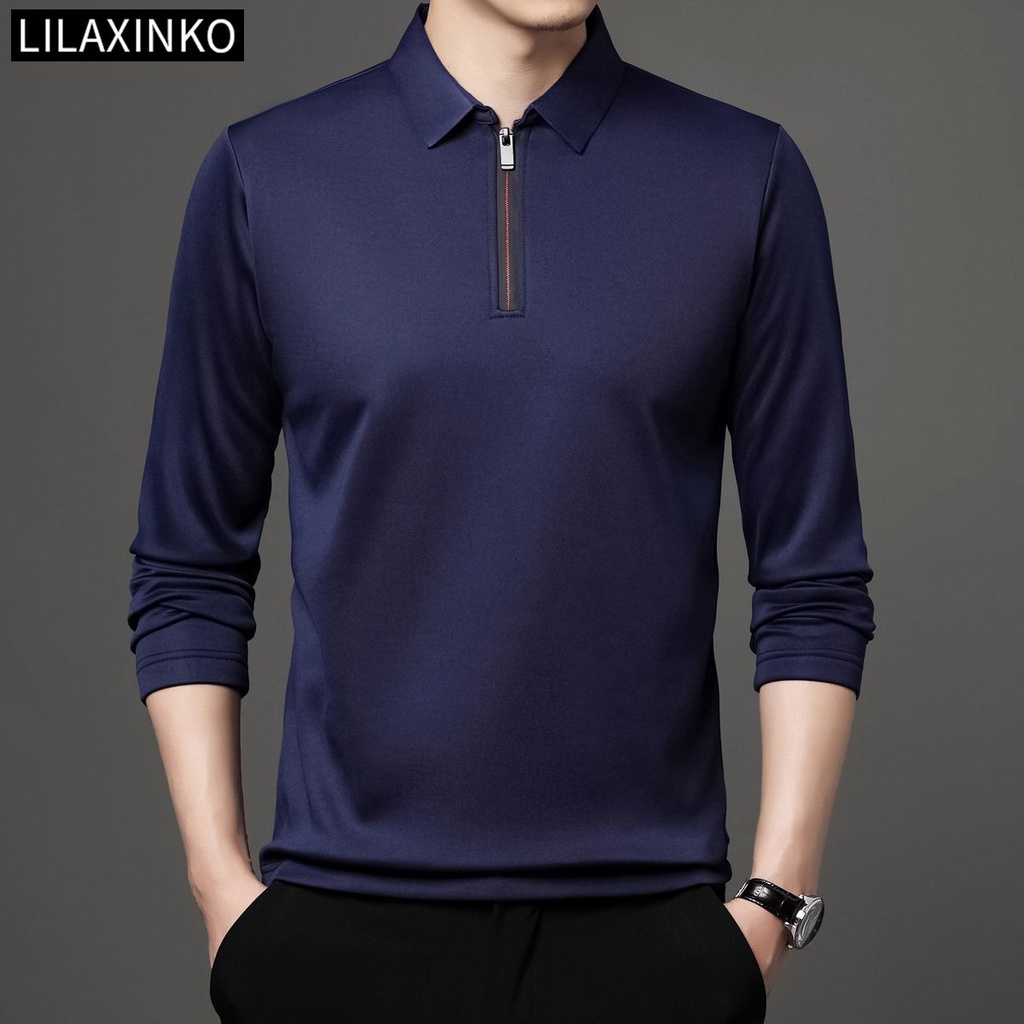 เสื้อโปโลแขนยาวลําลอง แต่งซิป สีพื้น สไตล์คลาสสิก สําหรับผู้ชาย มี 6 สี