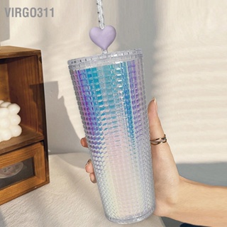  Virgo311 ขวดน้ำระยิบระยับ Double Wall Bling ขวดน้ำพร้อมฟางรูปหัวใจถ้วยน้ำความจุขนาดใหญ่พร้อมฝาปิดปากกว้าง