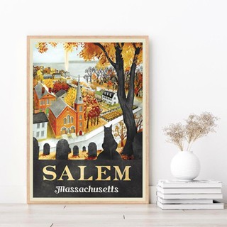 Salem Massachusetts โปสเตอร์ผ้าใบ พิมพ์ลายภูมิทัศน์ สไตล์วินเทจ สําหรับตกแต่งผนังบ้าน 0711