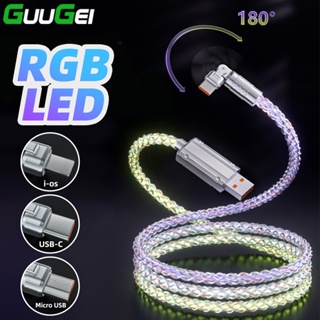 Guugei 180° สายชาร์จ RGB หมุนได้ สายชาร์จเร็ว USB Type C Micro USB IOS RGB ไล่โทนสีเรืองแสง สายชาร์จ