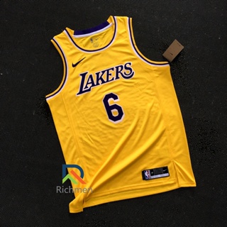 【Swingman】ใหม่ ของแท้ NBA Los Angeles Lakers สําหรับผู้ชาย #6 เสื้อกีฬาแขนสั้น ลายทีม LeBron James Icon Edition สีเหลือง