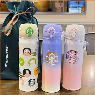 500ml ถ้วยเก็บความร้อน Starbucks + แปรงทำความสะอาด + กระเป๋าเก็บแบบพกพา Lucky Cat Gradient ขวดน้ำฉนวนสีชมพู -FE