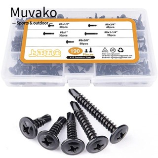 Muvako ชุดสกรูสเตนเลส สีดํา 190 ชิ้น #8 สกรูเจาะพลาสติก โลหะ ขนาด 1/2 นิ้ว ถึง 1-1/2 นิ้ว