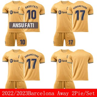 เสื้อกีฬาแขนสั้น ลายทีมชาติฟุตบอล Aubameyang Fati FCB Barcelona 22-23 ชุด 2 ชิ้น ต่อชุด