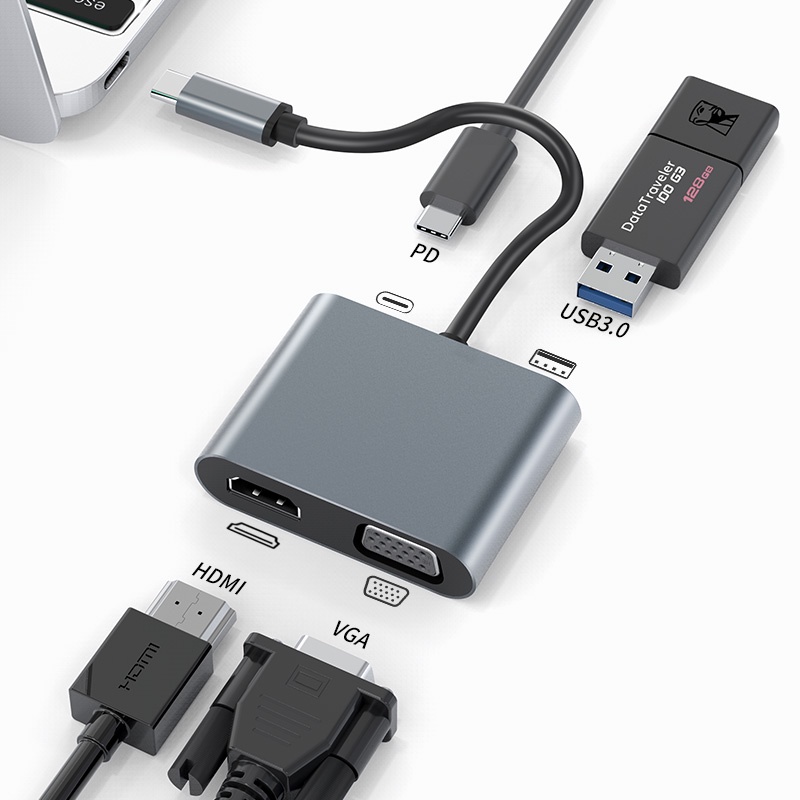 Thunderbolt 3 4 ความเร็วสูง 4 พอร์ต USB C ถึง HDMI 4K VGA USB3.0 PD ฮับชาร์จ Type C แท่นชาร์จ USB C Hub สําหรับแล็ปท็อป โทรศัพท์มือถือ แท็บเล็ต สวิตช์ USB C แท่นวาง