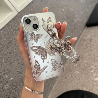 เคสโทรศัพท์มือถือ ซิลิโคน กันกระแทก ลายผีเสื้อ พร้อมสายโซ่คล้อง สีเงิน สําหรับ Iphone 12 11 13 14 pro max 13ProMax 12 13pro 11 14pro