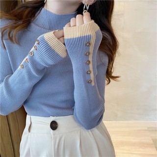 เสื้อถักแขนยาว คอสูง แบบสวมหัว เข้ารูป ลายทาง สีพื้น อเนกประสงค์ แฟชั่นฤดูใบไม้ร่วง สําหรับผู้หญิง