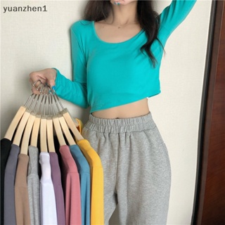 Yuan เสื้อยืดลําลอง คอกลม แขนยาว สีพื้น ทรงสลิม สําหรับสตรี ZHN