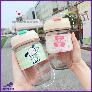 เครื่องดื่มคู่ถ้วยแก้ว Sanrio Pochacco สไตล์ถ้วยน้ำแบบพกพาที่มีฝาปิดสำหรับสาวๆความจุขนาดใหญ่ของผู้หญิงมูลค่าสูงแบบพกพาน่ารักถ้วย-AME1 -AME1