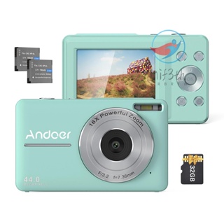 Andoer กล้องบันทึกวิดีโอดิจิทัล 1080P 44MP ออโต้โฟกัส หน้าจอ IPS 2.5 ซูม 16X กันสั่น จับใบหน้า กันสั่น พร้อมการ์ดหน่วยความจํา 32GB แบตเตอรี่ 2 ชิ้น