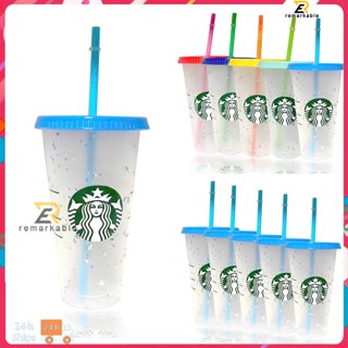 Ready stock 700ml 24oz Starbucks Cup แก้วกาแฟใส สีสันสดใส ใช้ซ้ำได้ หุ้มแก้ว Straw Cup 5 ชิ้น โดดเด่น_th