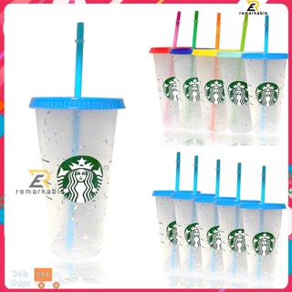 Ready stock 700ml 24oz Starbucks Cup แก้วกาแฟใส สีสันสดใส ใช้ซ้ำได้ หุ้มแก้ว Straw Cup 5 ชิ้น โดดเด่น_th