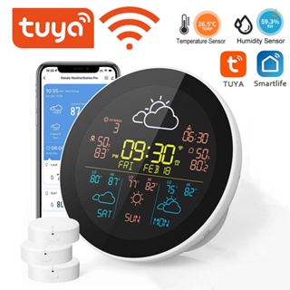 Meily_fun Tuya เครื่องวัดอุณหภูมิความชื้นไร้สาย WiFi 3 วัน หน้าจอ LCD ควบคุมผ่านแอพ พร้อมนาฬิกาปลุก