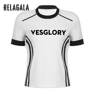 Relagala เสื้อยืดลําลอง แขนสั้น คอกลม พิมพ์ลาย ทรงหลวม สีตัดกัน สไตล์สปอร์ต แฟชั่นสําหรับสตรี 2023