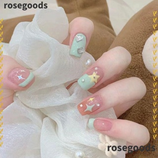 Rosegoods1 เล็บปลอม ประดับเพชรเทียม ทรงสี่เหลี่ยม กันน้ํา ความยาวปานกลาง สําหรับผู้หญิง