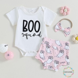 Babyclothes- ชุดรอมเปอร์ แขนสั้น พิมพ์ลายตัวอักษร ผี กางเกงขาสั้น พร้อมที่คาดผม ประดับโบว์ สําหรับเด็กทารก ฮาโลวีน