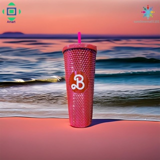 Bling Pink Studded Tumbler แก้วน้ําพกพา พร้อมฝาปิด และหลอดดูด