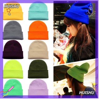 Hs หมวกบีนนี่ ผ้าถัก สีพื้น น่ารัก สําหรับผู้หญิง ผู้ชาย 18 สี