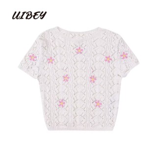 Uibey เสื้อเชิ้ตแฟชั่น คอกลม แขนยาว ลายดอกไม้ 653