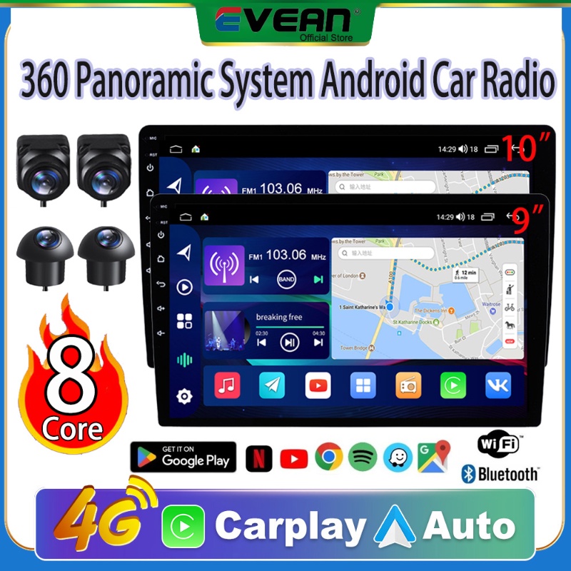 Evean ระบบกล้อง 360 [4G Lte / 8Core / CarPlay] 2 + 32G 9 "/ 10 นิ้ว Android เครื่องเสียงรถยนต์ Waze GPS WIFI บลูทู ธ วิทยุติดรถยนต์ IPS Touch Screen จอแอนดรอยด์ติดรถยนต์
