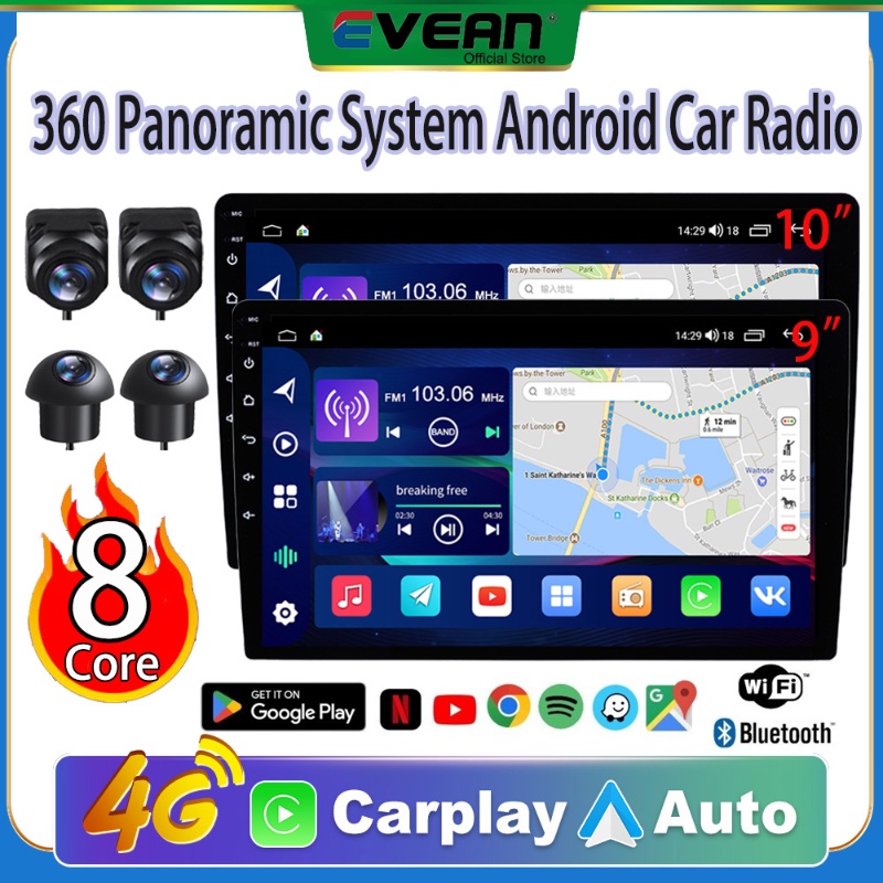 Evean ระบบกล้อง 360 [4G Lte / 8Core / CarPlay] 2 + 32G 9 "/ 10 นิ้ว Android เครื่องเสียงรถยนต์ Waze 