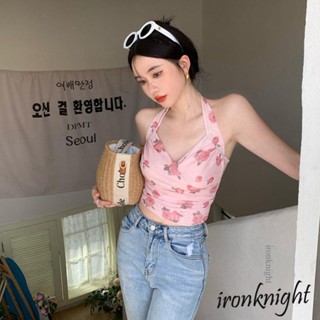 Ironknight- เสื้อกล้าม คอวี เปิดหลัง พิมพ์ลายดอกไม้ สําหรับผู้หญิง