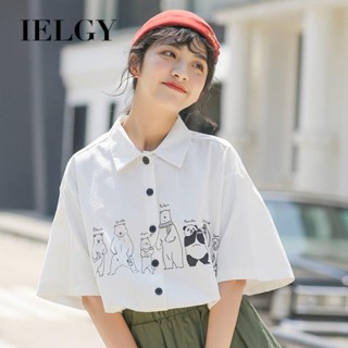 IELGY เสื้อโปโลแขนสั้น พิมพ์ลาย ทรงหลวม สีขาว สไตล์ญี่ปุ่น เหมาะกับฤดูร้อน สําหรับผู้หญิง