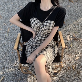 ชุดเดรสลายสก๊อตเย็บต่อกันสำหรับผู้หญิงกระโปรงทรงเอเก็บเอวใส่แล้วดูผอมในฤดูร้อนกระโปรงเซ็กซี่เล็กๆ