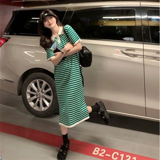 【Polo Dress Oversized】ชุดเดรส แขนสั้น ทรงหลวม ลายทาง พลัสไซซ์ แฟชั่นสไตล์เกาหลี (ใส่ได้ 150 กก.)