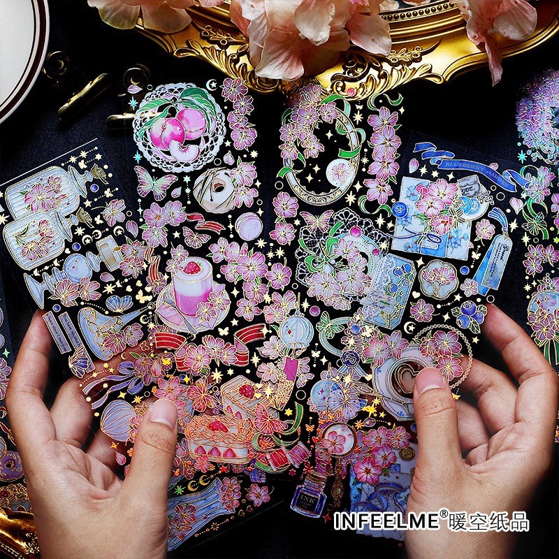 3 ชิ้น Vintage ดอกไม้กันน้ําสติกเกอร์ตกแต่งฟอยล์ทอง Sakura สติกเกอร์สําหรับ Scrapbooking Journal DIY Art Crafts อัลบั้ม