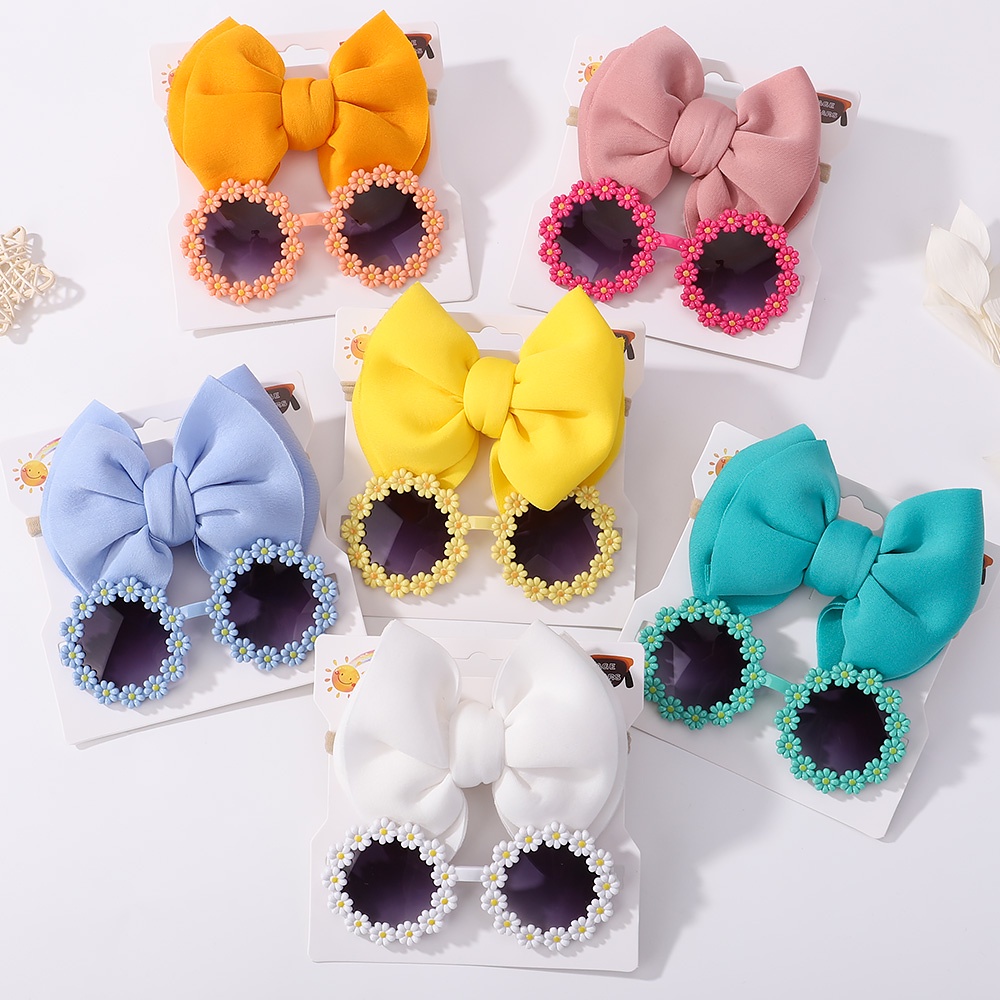 2 ชิ้น / เซต น่ารัก เดซี่ขนาดเล็ก ดอกไม้ แว่นกันแดด สีพื้น ที่คาดผมเด็ก โบฮีเมียน ชายหาด แว่นตากันแดด เด็ก โบ ที่คาดผม เครื่องประดับผม
