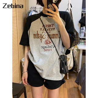 Zebina สตรีแขนสั้นสีจับคู่ Raglan พิมพ์หลวมแขนสั้นเสื้อยืดสำหรับผู้หญิง