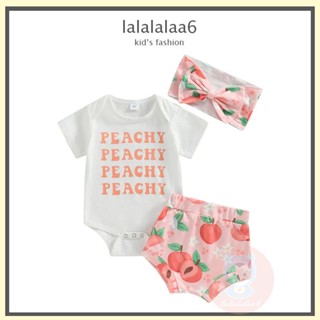 LAA6-Baby Girls Summer Letter Print Short Sleeve Romper and Elastic Peach Print Shorts+Headband Set