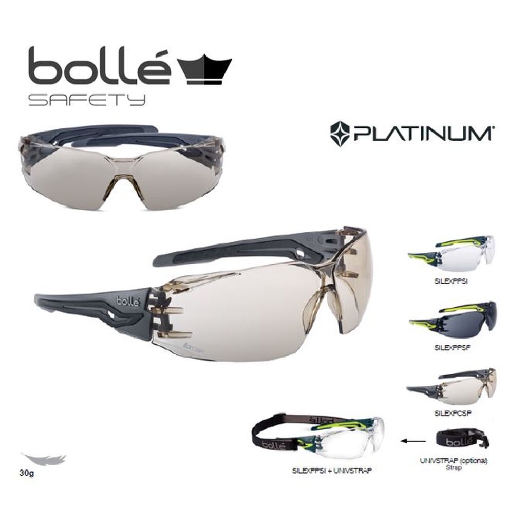 แว่นตานิรภัยเลนส์ใส/ชา/เทา ยี่ห้อ Bolle' รุ่น SILEX+ ตัดแสงสีฟ้า กัน UV กันลม กันกระแทก เลนส์ Platinum ป้องกันฝ้า 100%