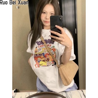 RUO BEI XUAN  ใหม่ของผู้หญิงสไตล์เกาหลีหวานพิมพ์การ์ตูนแขนสั้นหลวมสไตล์ขี้เกียจ