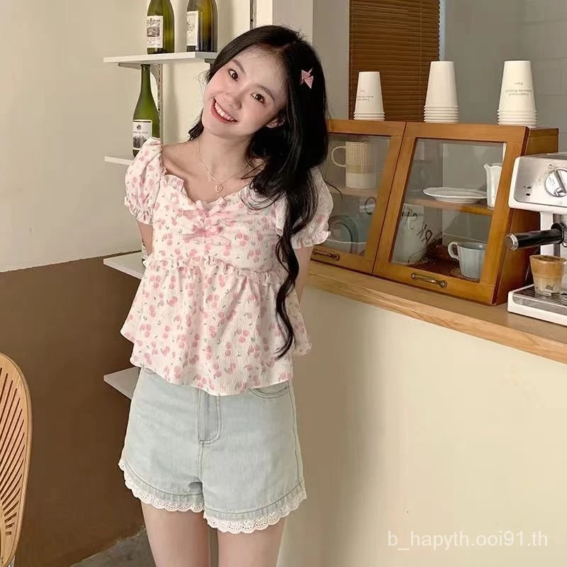 เสื้อแขนพองลายดอกไม้ผูกโบว์เอวสั้น สไตล์ญี่ปุ่น SL9784 thumbnail 7