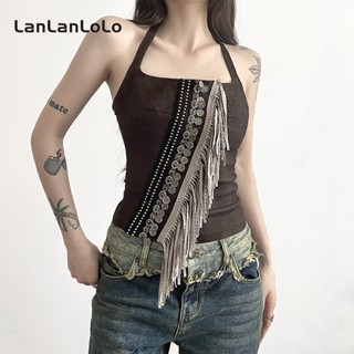 Lanlanlolo เสื้อกล้าม เปิดหลังเซ็กซี่ เข้ารูป ประดับพู่ สไตล์วินเทจ แฟชั่นสําหรับสตรี 2023