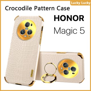 เคส HONOR Magic 5 Pro 4 Pro 3 Pro นุ่ม ลายจระเข้ ที่วางแหวนนิ้ว ฝาครอบ PU กล้องปกป้องเต็มรูปแบบ ชุบทอง บาง ความรู้สึกที่ยอดเยี่ยม ป้องกันลายนิ้วมือ ซับในกระจายความร้อน