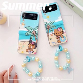 เคสโทรศัพท์มือถือ ซิลิโคนนิ่ม ลายเฮลโลคิตตี้ คุโรมิ ชายหาด พับได้ พร้อมสายคล้องข้อมือ เหมาะกับฤดูร้อน สําหรับ Samsung Galaxy Z Flip3 Flip 4