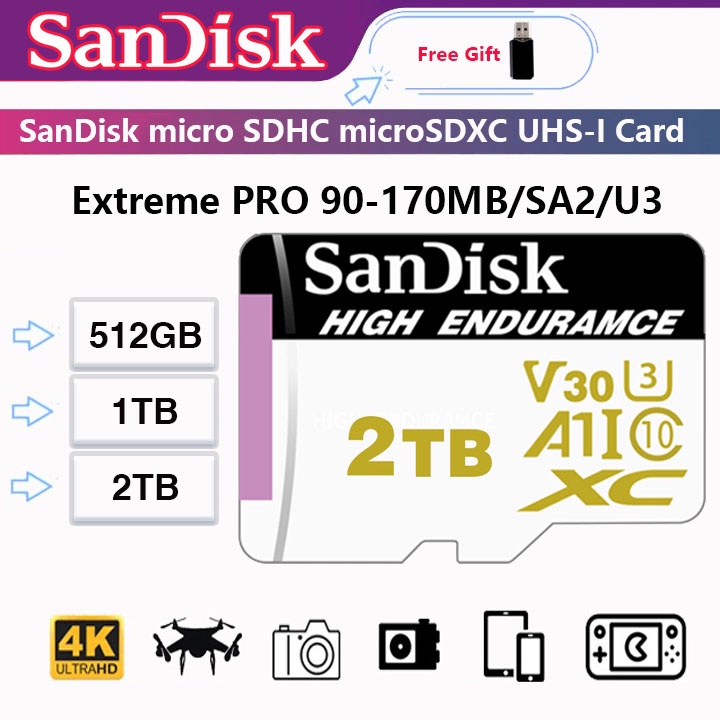 เมมโมรี่การ์ด Micro SD  2TB การ์ดหน่วยความจำ 1TB  SD Card 512GB Micro Sdxc C10 U3