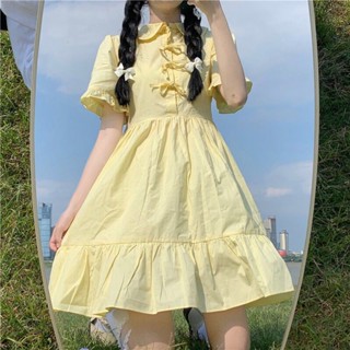 ชุดเดรส คอตุ๊กตา สีเหลือง แฟชั่นฤดูร้อน สําหรับผู้หญิง
