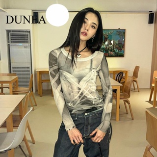 Dunea เสื้อยืด แขนยาว ผ้าตาข่ายโปร่งใส บาง ยืดหยุ่น พิมพ์ลาย สีตัดกัน สําหรับผู้หญิง