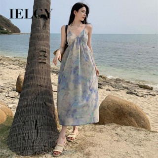 Ielgy ชุดเดรสกระโปรงยาว ทรงหลวม ลายดอกไม้ สีฟ้า สําหรับสตรี
